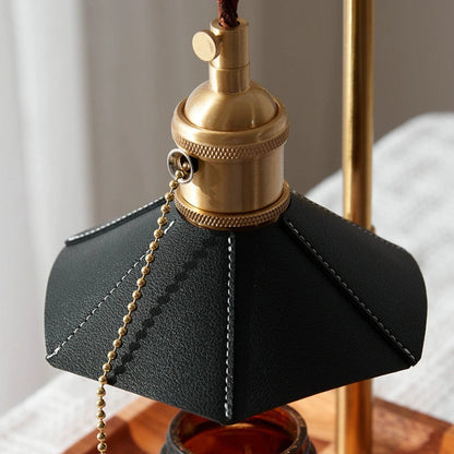 Modern Eclectic Octagonal Leather Shade Walnut Wood Base Brass 1-Light Melting Wax Table Lamp For Bedroom