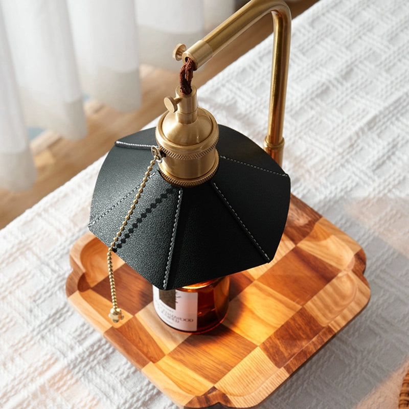 Modern Eclectic Octagonal Leather Shade Walnut Wood Base Brass 1-Light Melting Wax Table Lamp For Bedroom