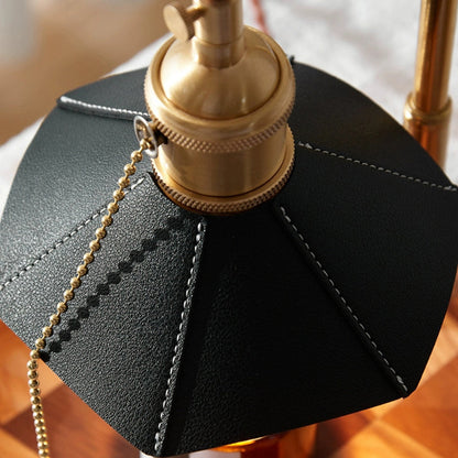 Modern Eclectic Octagonal Leather Shade Walnut Wood Base Brass 1-Light Melting Wax Table Lamp For Bedroom