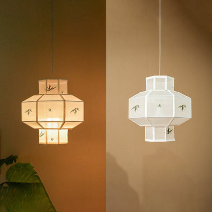 Traditional Chinese Bamboo Pattern Tencel Fabric Hexagonal Palace Lantern Shade 1-Light Pendant Light For Living Room