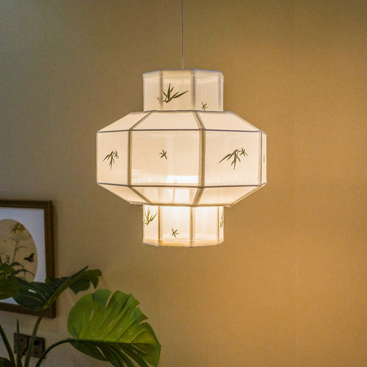Traditional Chinese Bamboo Pattern Tencel Fabric Hexagonal Palace Lantern Shade 1-Light Pendant Light For Living Room