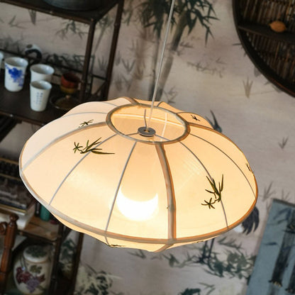 Traditional Chinese Bamboo Pattern Tencel Fabric Hexagonal Palace Lantern Shade 1-Light Pendant Light For Living Room