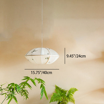 Traditional Chinese Bamboo Pattern Tencel Fabric Hexagonal Palace Lantern Shade 1-Light Pendant Light For Living Room