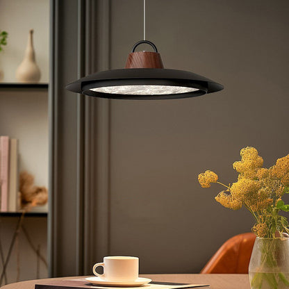 Contemporary Creative Woodgrain Aluminum Flying Saucer Shade LED Pendant Light For Living Room