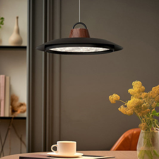 Contemporary Creative Woodgrain Aluminum Flying Saucer Shade LED Pendant Light For Living Room