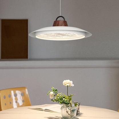 Contemporary Creative Woodgrain Aluminum Flying Saucer Shade LED Pendant Light For Living Room
