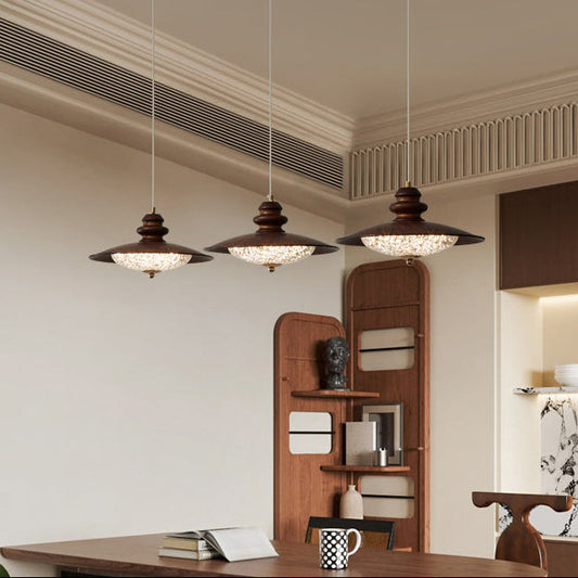 Traditional Vintage Iron Faux Woodgrain Acrylic Round LED Pendant Light For Living Room