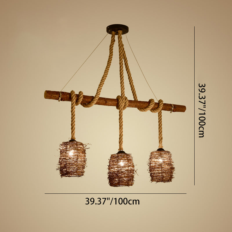 Traditional Rustic Solid Wood Strip Hemp Rope Rattan Weaving Cylinder Shade 3/4-Light Chandelier Island Light For Dining Room