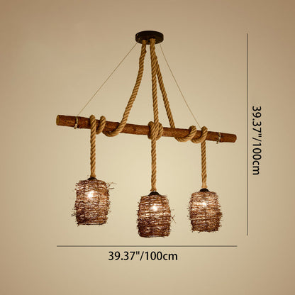 Traditional Rustic Solid Wood Strip Hemp Rope Rattan Weaving Cylinder Shade 3/4-Light Chandelier Island Light For Dining Room
