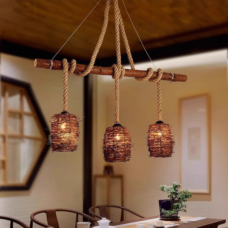 Traditional Rustic Solid Wood Strip Hemp Rope Rattan Weaving Cylinder Shade 3/4-Light Chandelier Island Light For Dining Room