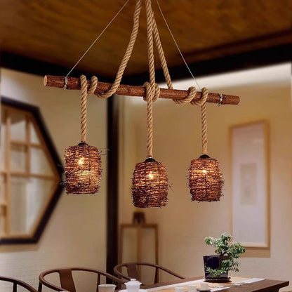 Traditional Rustic Solid Wood Strip Hemp Rope Rattan Weaving Cylinder Shade 3/4-Light Chandelier Island Light For Dining Room