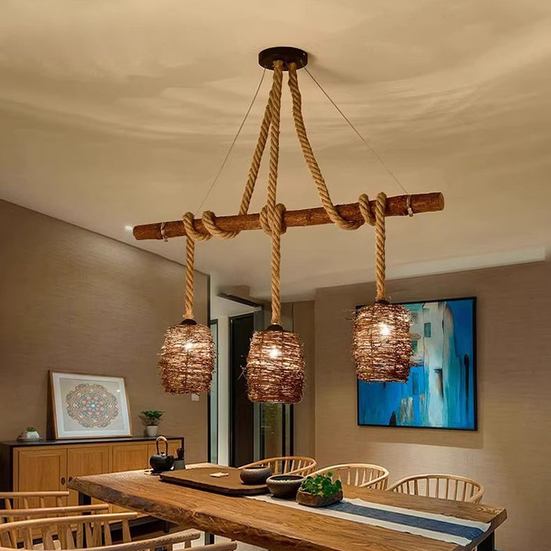Traditional Rustic Solid Wood Strip Hemp Rope Rattan Weaving Cylinder Shade 3/4-Light Chandelier Island Light For Dining Room