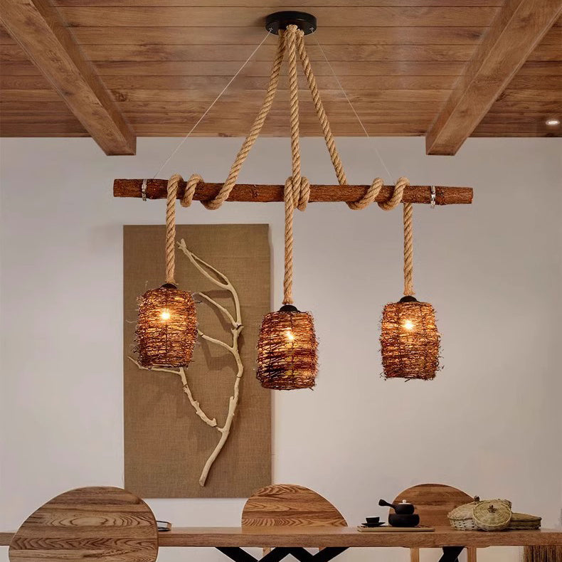 Traditional Rustic Solid Wood Strip Hemp Rope Rattan Weaving Cylinder Shade 3/4-Light Chandelier Island Light For Dining Room