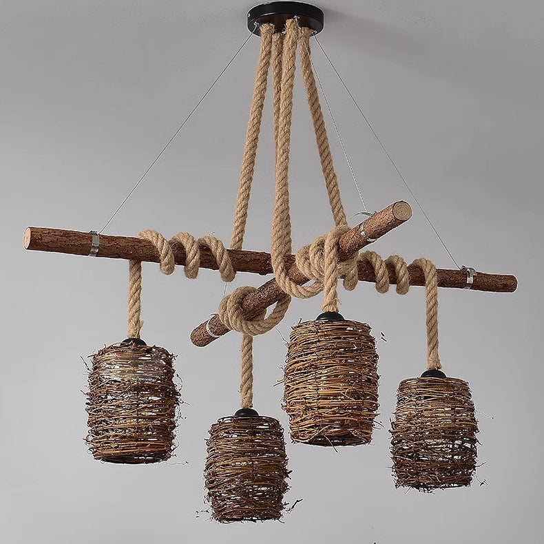 Traditional Rustic Solid Wood Strip Hemp Rope Rattan Weaving Cylinder Shade 3/4-Light Chandelier Island Light For Dining Room