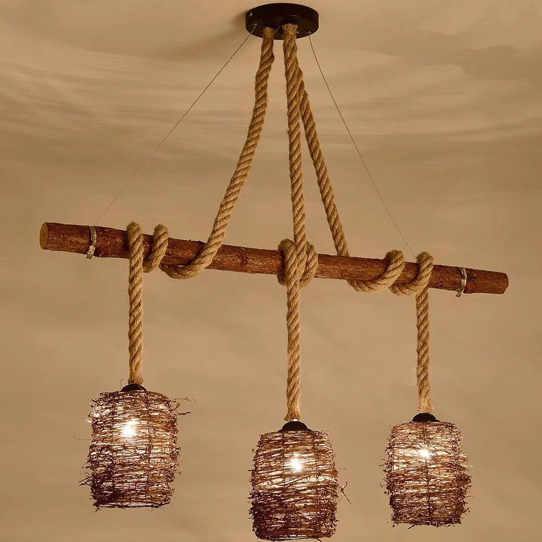 Traditional Rustic Solid Wood Strip Hemp Rope Rattan Weaving Cylinder Shade 3/4-Light Chandelier Island Light For Dining Room