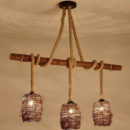 Traditional Rustic Solid Wood Strip Hemp Rope Rattan Weaving Cylinder Shade 3/4-Light Chandelier Island Light For Dining Room