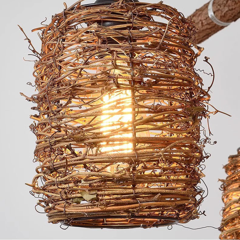 Traditional Rustic Solid Wood Strip Hemp Rope Rattan Weaving Cylinder Shade 3/4-Light Chandelier Island Light For Dining Room