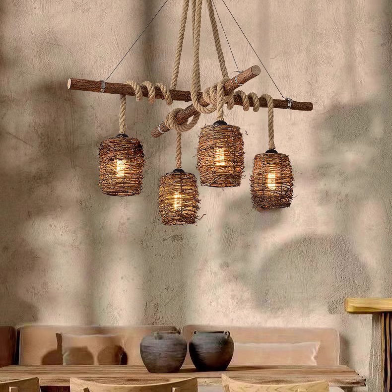 Traditional Rustic Solid Wood Strip Hemp Rope Rattan Weaving Cylinder Shade 3/4-Light Chandelier Island Light For Dining Room
