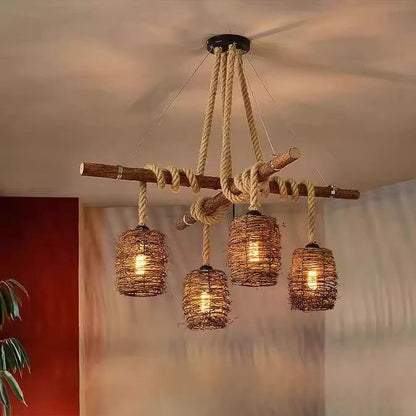 Traditional Rustic Solid Wood Strip Hemp Rope Rattan Weaving Cylinder Shade 3/4-Light Chandelier Island Light For Dining Room