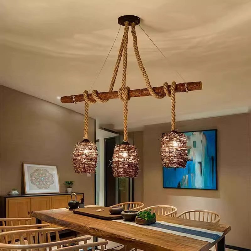 Traditional Rustic Solid Wood Strip Hemp Rope Rattan Weaving Cylinder Shade 3/4-Light Chandelier Island Light For Dining Room