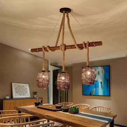 Traditional Rustic Solid Wood Strip Hemp Rope Rattan Weaving Cylinder Shade 3/4-Light Chandelier Island Light For Dining Room
