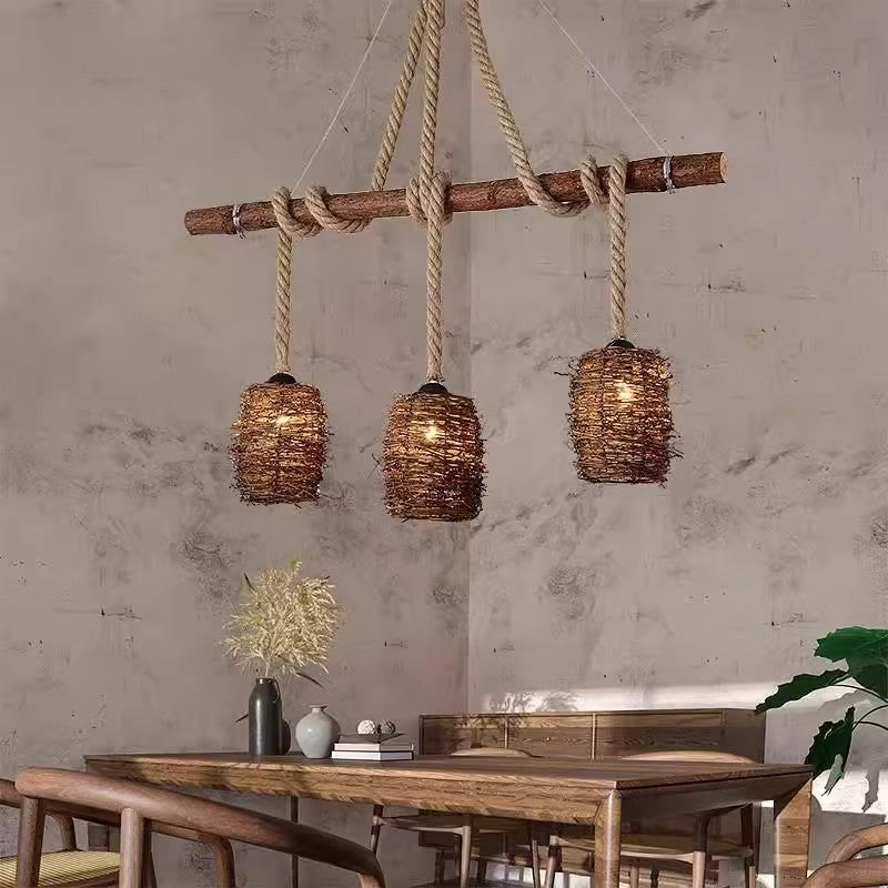 Traditional Rustic Solid Wood Strip Hemp Rope Rattan Weaving Cylinder Shade 3/4-Light Chandelier Island Light For Dining Room