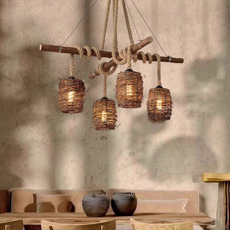 Traditional Rustic Solid Wood Strip Hemp Rope Rattan Weaving Cylinder Shade 3/4-Light Chandelier Island Light For Dining Room