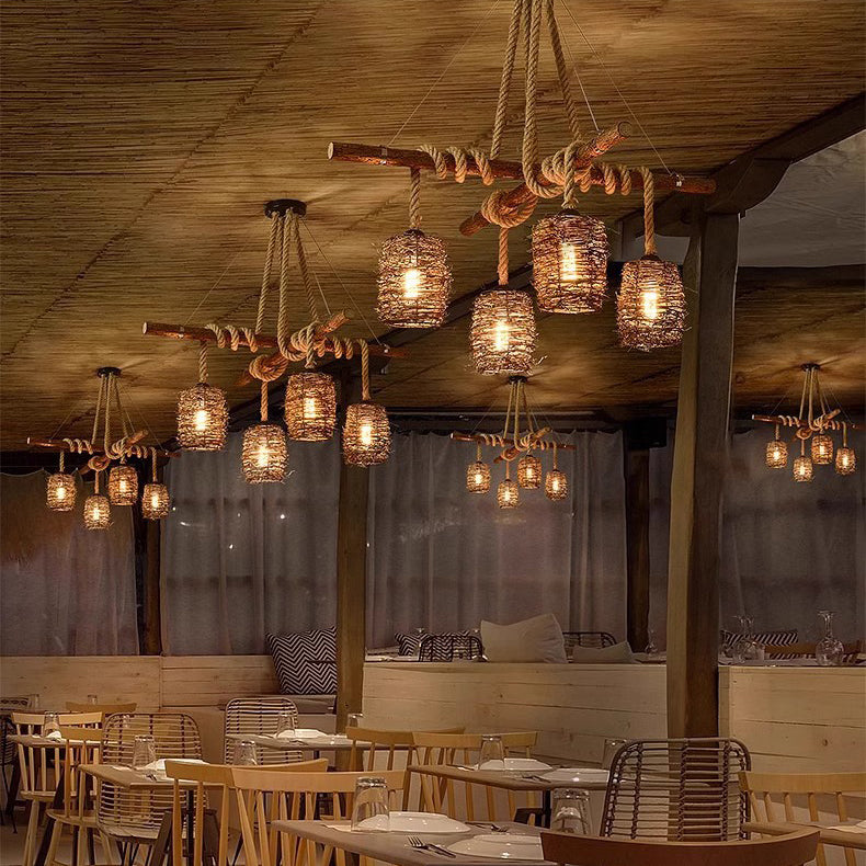 Traditional Rustic Solid Wood Strip Hemp Rope Rattan Weaving Cylinder Shade 3/4-Light Chandelier Island Light For Dining Room