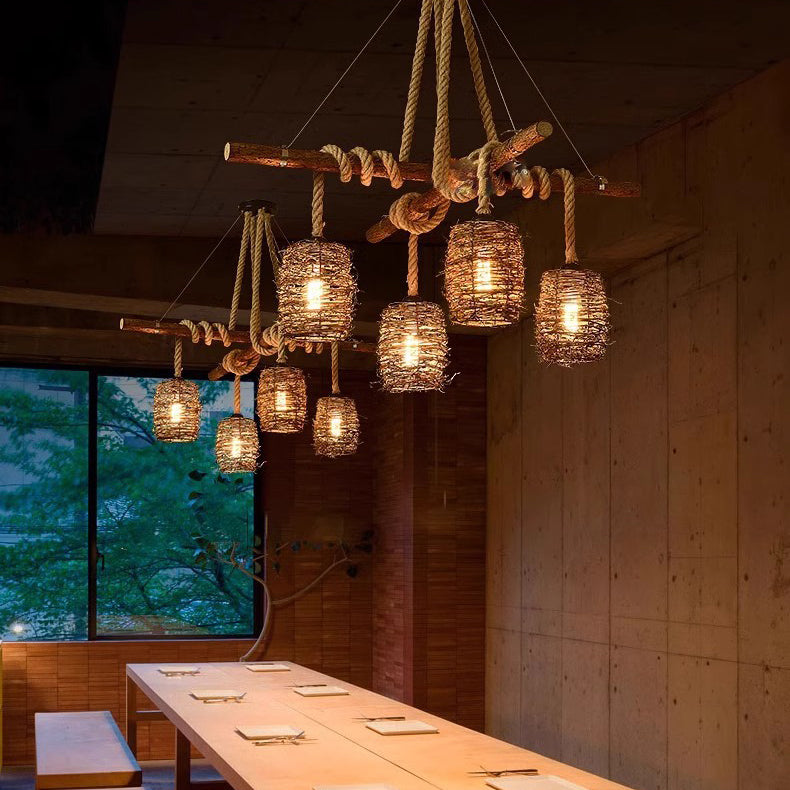Traditional Rustic Solid Wood Strip Hemp Rope Rattan Weaving Cylinder Shade 3/4-Light Chandelier Island Light For Dining Room
