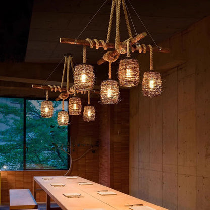 Traditional Rustic Solid Wood Strip Hemp Rope Rattan Weaving Cylinder Shade 3/4-Light Chandelier Island Light For Dining Room