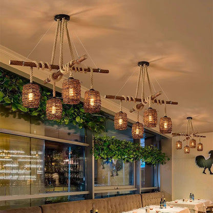 Traditional Rustic Solid Wood Strip Hemp Rope Rattan Weaving Cylinder Shade 3/4-Light Chandelier Island Light For Dining Room