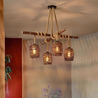 Traditional Rustic Solid Wood Strip Hemp Rope Rattan Weaving Cylinder Shade 3/4-Light Chandelier Island Light For Dining Room
