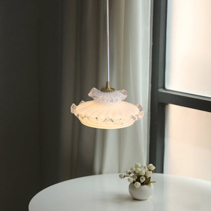 Traditional French Brass Floral Glass Shade 1-Light Pendant Light For Living Room