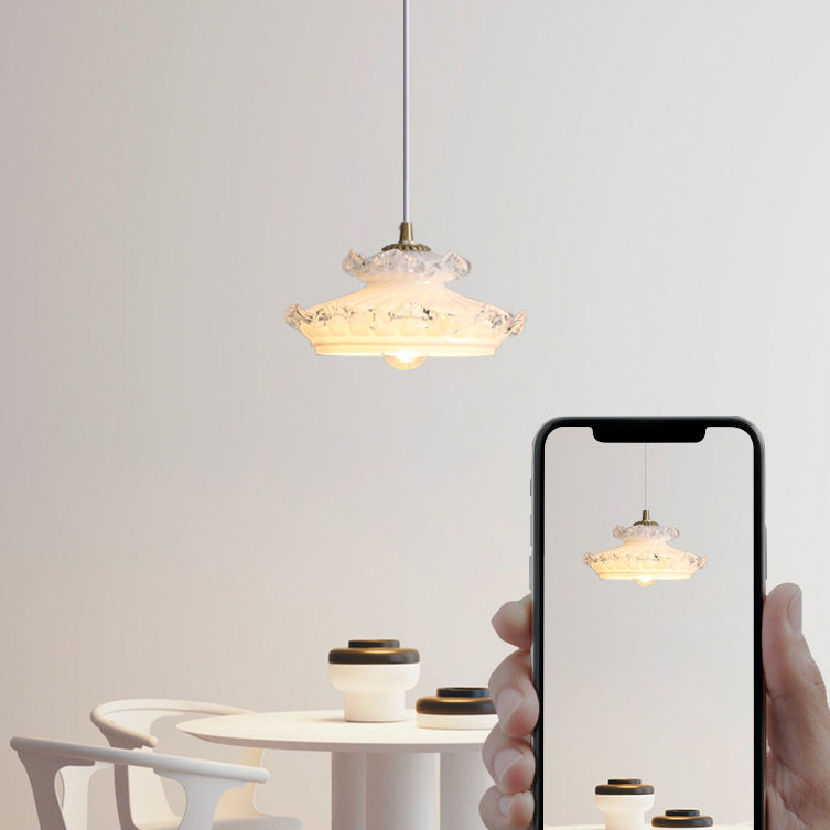 Traditional French Brass Floral Glass Shade 1-Light Pendant Light For Living Room