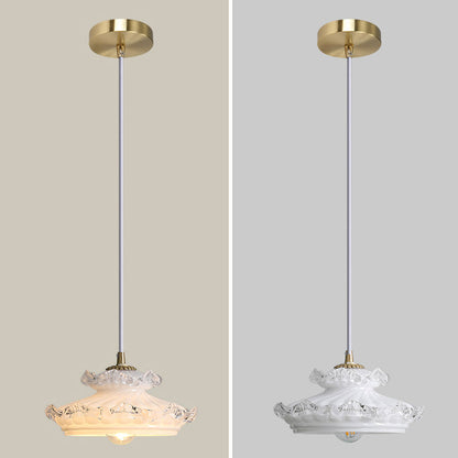 Traditional French Brass Floral Glass Shade 1-Light Pendant Light For Living Room