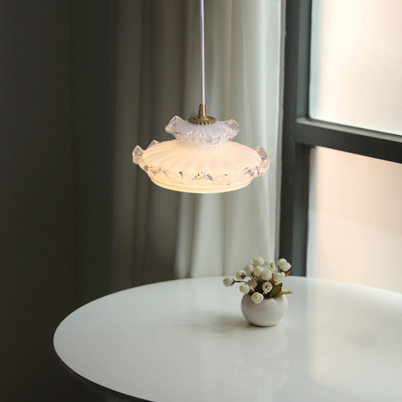 Traditional French Brass Floral Glass Shade 1-Light Pendant Light For Living Room