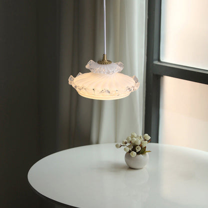 Traditional French Brass Floral Glass Shade 1-Light Pendant Light For Living Room