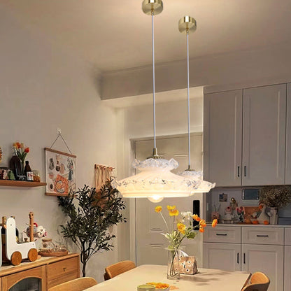 Traditional French Brass Floral Glass Shade 1-Light Pendant Light For Living Room