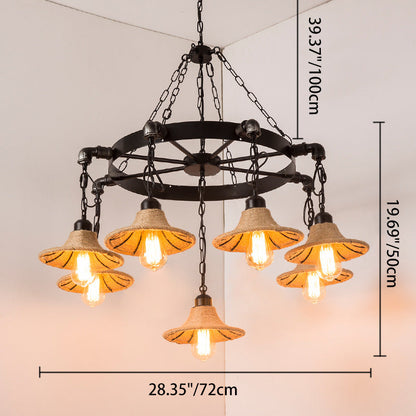 Traditional Rustic Iron Round Frame Hemp Rope Weaving Shade 7/9-Light Chandelier For Living Room