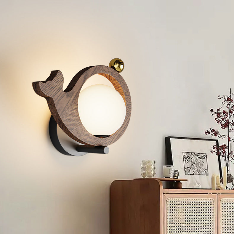 Contemporary Creative Animal Bird Whale Iron Faux Woodgrain LED Wall Sconce Lamp For Bedroom