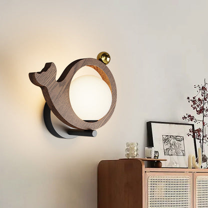 Contemporary Creative Animal Bird Whale Iron Faux Woodgrain LED Wall Sconce Lamp For Bedroom