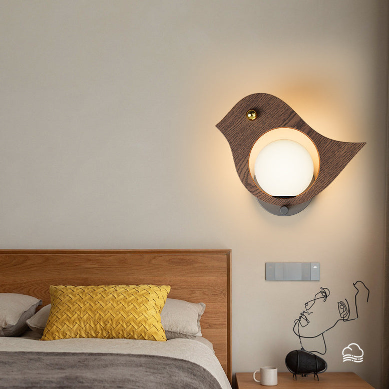 Contemporary Creative Animal Bird Whale Iron Faux Woodgrain LED Wall Sconce Lamp For Bedroom