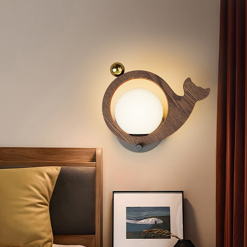 Contemporary Creative Animal Bird Whale Iron Faux Woodgrain LED Wall Sconce Lamp For Bedroom