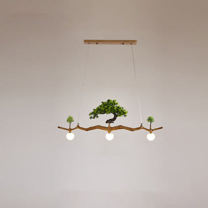 Traditional Chinese Zen Resin Hardware Branch Pine Tree Decoration 3-Light Chandelier Island Light For Living Room