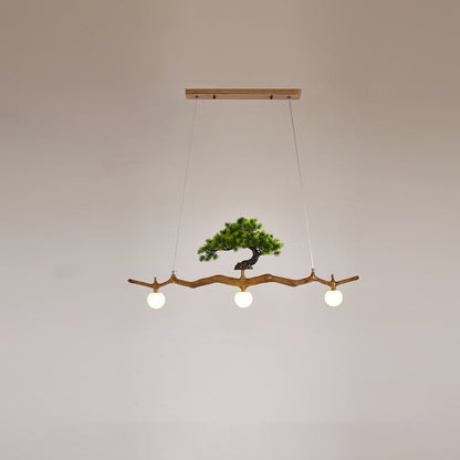 Traditional Chinese Zen Resin Hardware Branch Pine Tree Decoration 3-Light Chandelier Island Light For Living Room