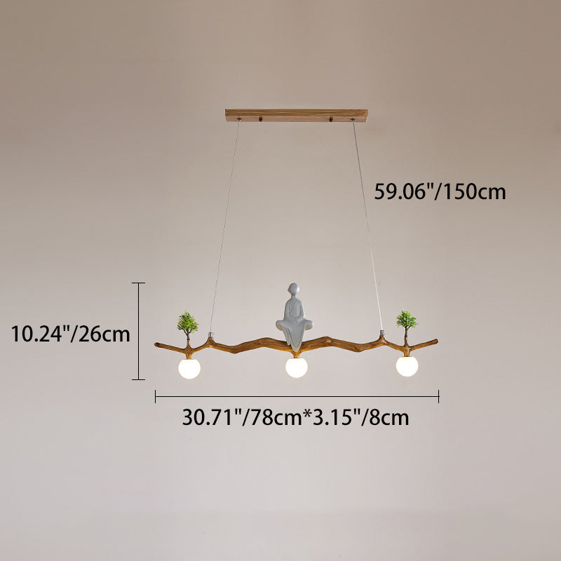 Traditional Chinese Zen Resin Hardware Branch Pine Tree Decoration 3-Light Chandelier Island Light For Living Room