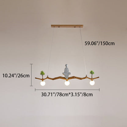 Traditional Chinese Zen Resin Hardware Branch Pine Tree Decoration 3-Light Chandelier Island Light For Living Room