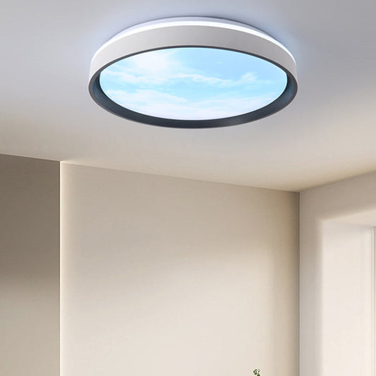 Contemporary Nordic Iron Blue Sky & Cloud Pattern Acrylic Round Shade LED Flush Mount Ceiling Light For Living Room