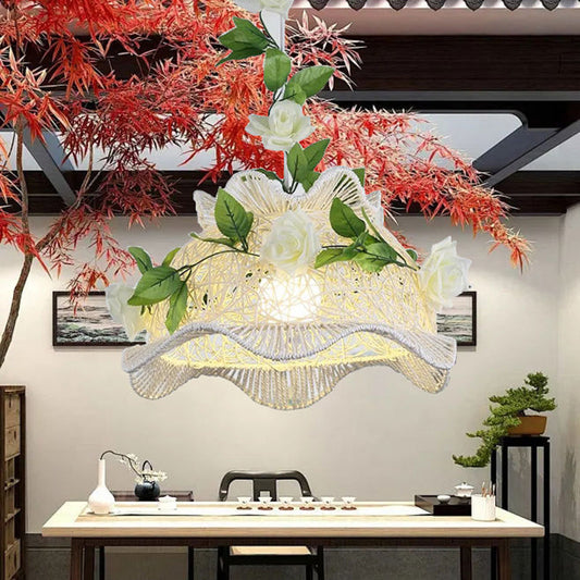 Modern Art Deco Iron Rattan Weaving Floral Shade Leaves Decoration 1-Light Pendant Light For Living Room
