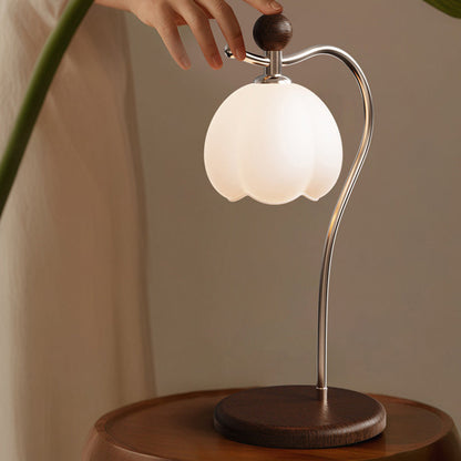 Traditional French Flower Bud Glass Shade Wood Iron LED Table Lamp For Bedroom